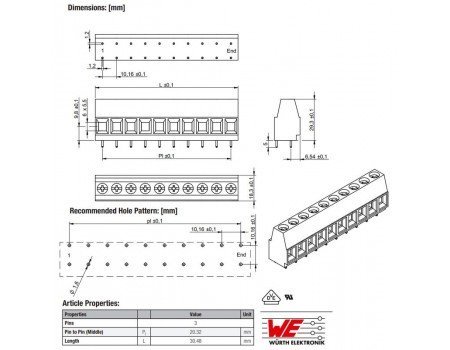 Wurth Elektronik 3-pole 40A 300VAC 10.16mm  Horizontal Entry PCB Terminal 2566