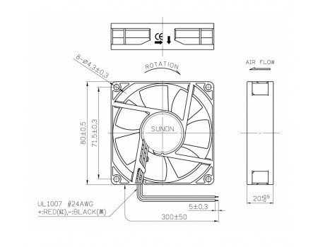 Sunon  80x80mm 12VDC 0.13A 3300RPM Fan 3-wires Speed Out EE80201S1