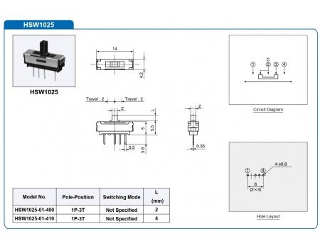 Hosiden 1P3T Miniature Slide Switch 3-position HSW1025-01-410