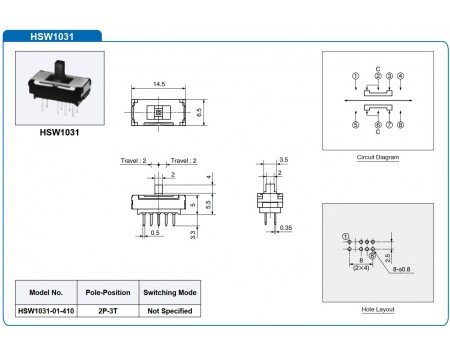 Hosiden 2P3T Miniature Slide Switch 3-position HSW1031-01-410